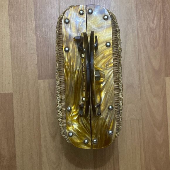 Vintage 60s Tropical Miami Lucite Wicker & Floral Fabric Beaded Handbag Purse - Picture 4 of 9